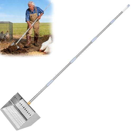 Chicken Coop Poop Scooper - 10" Wide Heavy Duty Metal Chicken Poop Scoop, 5-Level Adjustable Stainless Steel Handle (32" to 75"), 5-in-1 Multifunctional Litter Sifter for Coops