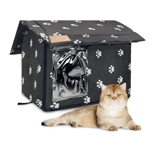 Fhiny Stray Cats Shelter, Waterproof Outdoor Cat House Foldable Warm Pet Cave for Winter Wild Animal Tent Bed Anti-Slip Kitten Cave for Feral Cat Dog Puppy Weatherproof Black (M:15.7"×13.7"×15.7") - size: M:15.7"×13.7"×15.7"