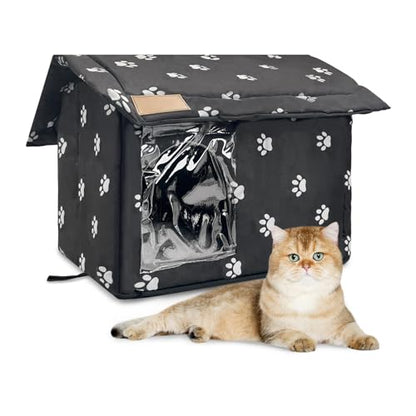 Fhiny Stray Cats Shelter, Waterproof Outdoor Cat House Foldable Warm Pet Cave for Winter Wild Animal Tent Bed Anti-Slip Kitten Cave for Feral Cat Dog Puppy Weatherproof Black (M:15.7"×13.7"×15.7") - size: M:15.7"×13.7"×15.7"