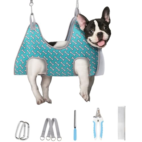 Supet Dog Grooming Hammock Harness for Dogs Cats, Relaxation Pet Nail Clipper Hammock, Restraint Dog & Small Animal Leashes Sling for Groomingk for Nail Trimming (Coral Blue, S) - color: Coral Blue, size: S（ Max 30 Lb：Leg space: 5.2"-12.2"）