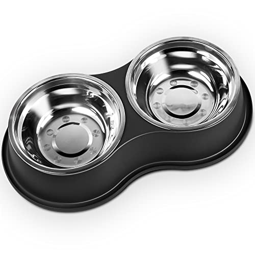 Epetslove Dog Bowls Large Double Dog Water and Food Bowls Stainless Steel Bowls with Non-Slip Resin Station, Pet Feeder Bowls Food Dish for Small Medium Large Dogs Cats - color: 1.Black, size: Large-34oz