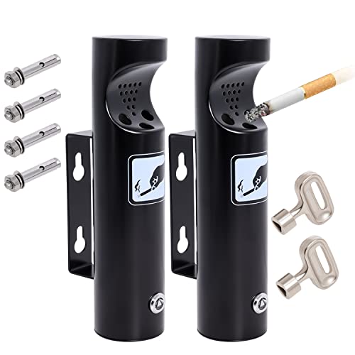 Wall Mounted Outdoor Waste Receptacle, Cendrier Extérieur, Stainless Steel Cylinder Butt Disposal, Commercial Trash Bin Container for Home, Patio, Bar, Commercial Use（Black,2pcs）
