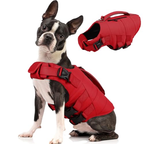Kuoser Dog Life Jacket, High Flotation Dog Life Vest for Swimming Boating, Adjustable Small Medium Large Dogs Swim Vest with Rescue Handle and Pocket, Reflective Safety Pet Lifejacket Floats for Pool - color: Z-Red, size: S (Chest Girth:16.93-21.26'')