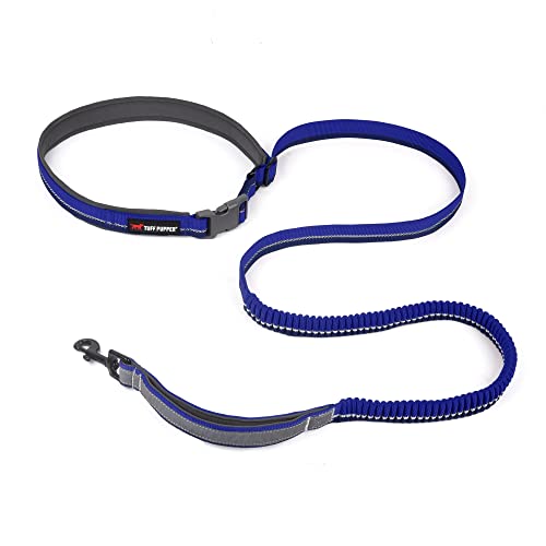 Tuff Pupper Hands Free Bungee Dog Leash | Lightweight for Running Jogging Walking | Adjustable Padded Waist Belt (24-50 inch) | Bungee Stretch 3 to 6 Feet | Strong Ballistic Nylon w/Reflective Strips - color: Blazing Blue