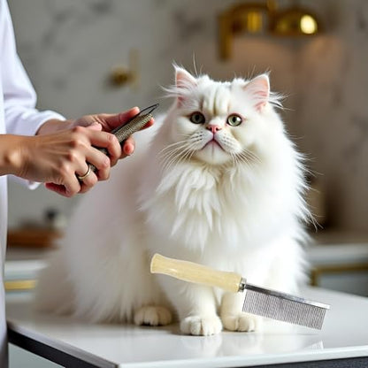 Pet Grooming Comb for Long Haired Cats and Dogs - Stainless Steel Pin Teeth Wooden Handle Fur Hair Brush - Removes and Prevents Matted Fur