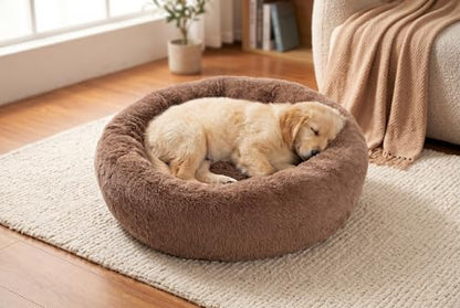 SAVFOX 23 inches Calming Donut Dog Bed - 3X Durable Plush Faux Fur, Machine Washable & Non-Slip, Fits up to 25 lbs, Brown - color: Brown, size: Small | 23"x23"