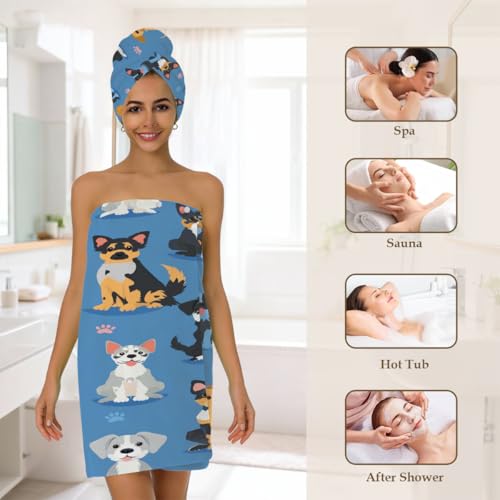 Cute Dogs Breeds Microfiber Bathrobe and Hair Towel Wrap Set for Women Quick Dry Shower Towels Wrap Absorbent Soft Bath Robe and Hair Drying Cap for Spa After Shower
