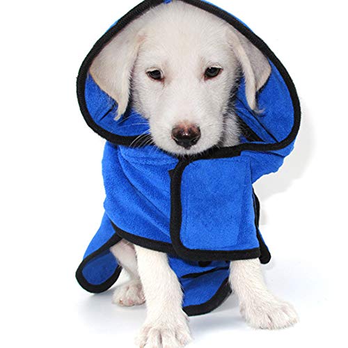 Dog Bathrobe Pet Bath Towels Dog Drying Towel,Microfiber Super Shammy Soft Absorbent Luxuriously with Hood,Belt,Machine Washable for Large,Medium,Small Dogs,Blue,S
