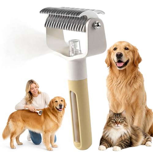 Dual-Sided Pet Grooming Comb,2‑in‑1 Professional Brush Deshedding Dog Brush with Spray Design, Dematting Comb Undercoat Rake for Long Haired Pet Grooming Tool - color: Yellow