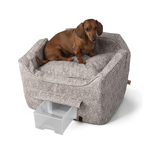 Snoozer Dog Car Seat with Storage Tray: Lookout II Dog Booster Car Seat for Pets up to 25lbs, Helps Alleviate Travel Sickness & Fear for Dogs, Removable Washable Cover – Merlin Linen, Size Medium - color: Merlin Linen, size: Medium