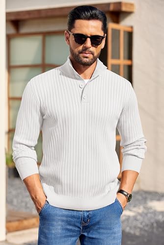 COOFANDY Mens Quarter Button Sweater Long Sleeve Stand Collar Sweaters Casual Knitted Ribbed Dress Pullover - color: White, size: X-Large