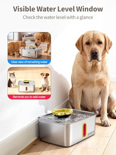 SIBAYS 4Gal/15L Stainless Steel Large Dog Water Fountain, Ultra Quiet Automatic Pet Water Fountain, Dog Water Bowl Dispenser with Water Level Window and LED Light, Easy to Clean(FS78, Silver-Yellow) - color: Silver-Yellow