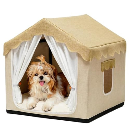 Indoor Dog House, Breeze Pet Tent with Sturdy Frame & Window, Dog Cave Bed with Washable Cover for Cat & Small Dogs (8-20 lb), 18", Cream - size: M (18"×18"×18")