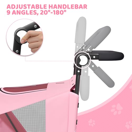 Magshion Pet Stroller for Medium Dogs w/Adjustable Handle, 3-Wheel Dog Cat Wagon w/Dual Entry, Rear Storage, Breathable Mesh, One-Foot Brake, Ideal for Large Pets up to 55 lbs, Pink - color: Pink, style: Up to 55 lbs