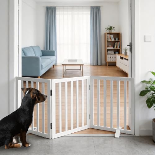 ZJSF Freestanding Indoor Dog Gate for House Foldable Wood White Puppy Gate for Doorways Pet Gate for Stairs Extra Wide Pet Fence 24" Height 3 Panels - color: White, size: 【3 Panels】60''w x 24''h