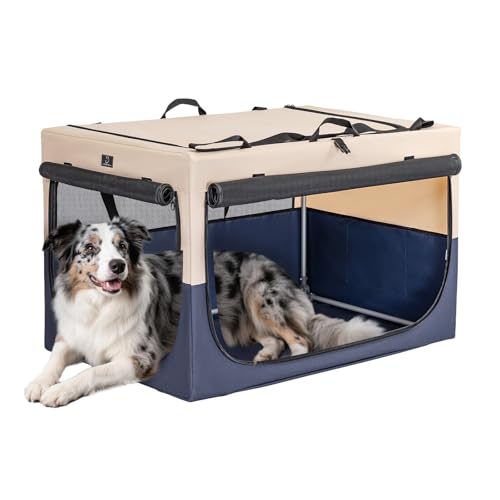 36" Collapsible Dog Crate for Large Dogs - Portable Soft Travel Kennel with Lockable Zippers, Waterproof Base, Washable Cover, Patented Screw Frame for Adjustable Tension, Outdoor, Indoor, Car Use - color: Blue+Beige, size: 36.0"L x 24.0"W x 23.0"H