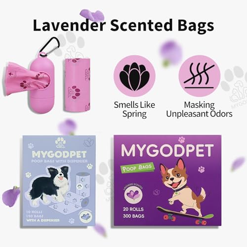 Dog Poop Bags Rolls with Dispenser 150 Count Biodegradable Bags for Dog and Cat Lavender Scented Waste Bag Leak Proof Doggie Poop Bag Doggy Trash Bag Purple - color: B-Purple(Lavender)-1 Dispenser+150 Bags, size: 1 Count (Pack of 150)