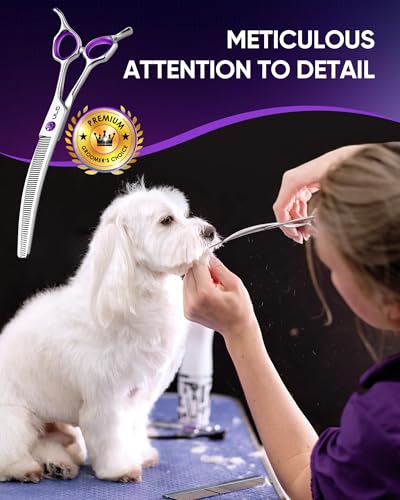 ULG 7.5” Dog Grooming Thinning Shears – 30° Curved Pet Thinning Scissors, Japanese 440C Stainless Steel, 60 V-Shaped Teeth, 25% Thinning Rate, Reversible Butterfly Handles, for Face, Nose, Eyes & Coat - size: Blender (25%)