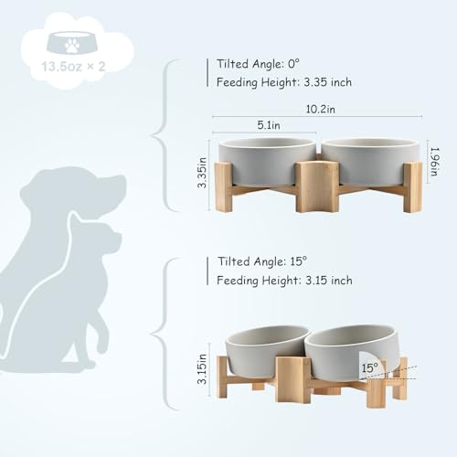 SPUNKYJUNKY 15° Slanted Ceramic Dog and Cat Bowl with Wooden Stand, Tilted Bulldog Food and Water Bowl No Slip Non-Spill for Cats Medium Dogs Big Face Pets 13.5 OZ (1.7 Cups, Grey × 2) - color: Grey, size: 1.7 CUPS × 2