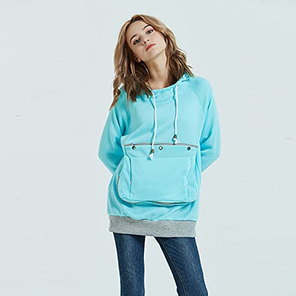 Pet Pouch Hoodie Long Sleeve Fleece Kitten Puppy Holder Carrier Sweatshirt for Women - color: Light Blue, size: Large