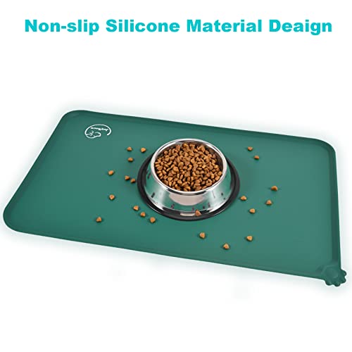 Silicone Waterproof Dog Cat Pet Feeding Mats, Non Slip, Easy Clean Pet Dog Cat Bowl Mats Placemat (18.5" x 11.5") Hunter Green - color: Hunter Green, size: 18.5" x 11.5"