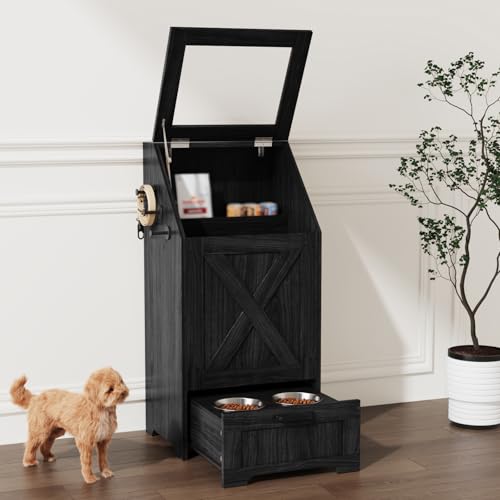 Dog Feeding Station with 2 Elevated Bowls, Dog Food Storage Cabinet with Pet Toy Organizer and Flip Top Pet Feeding Station,Hidden Pet Feeder Station for Cats and Dogs - color: Dog Feeding Station-Black
