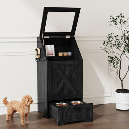 Dog Feeding Station with 2 Elevated Bowls, Dog Food Storage Cabinet with Pet Toy Organizer and Flip Top Pet Feeding Station,Hidden Pet Feeder Station for Cats and Dogs - color: Dog Feeding Station-Black