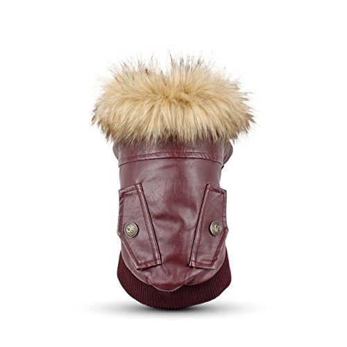 LESYPET Dog Leather Jacket for Small Dogs, Waterproof Dog Winter Jacket Puppy Coat with Fleece Lined, Ultra Warm Fur Collar Doggie Coat, Red XX-Large - color: Wine Red, size: XX-Large