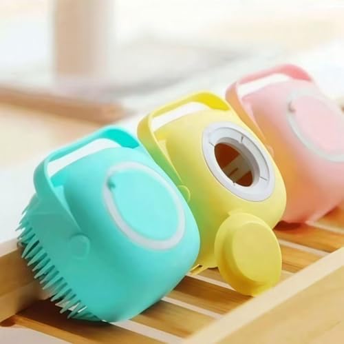 2-in-1 Dog Bath Brush with Built-in Shampoo Dispenser, Soft Silicone Bristles Grooming Scrubber, Non-Slip Handle Massage Brush for Long & Short Haired Dogs, Cats and Small Pets
