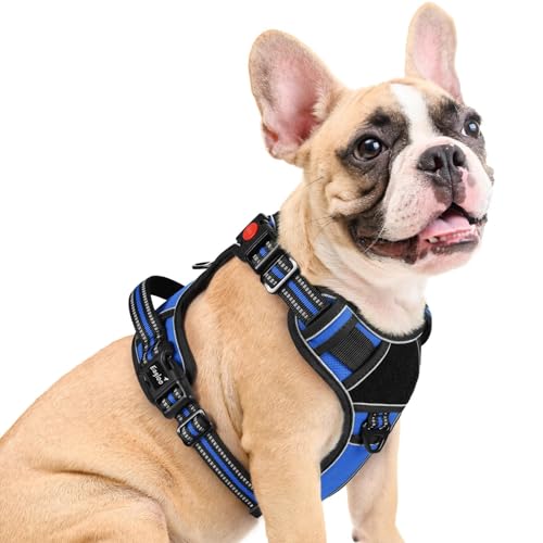 Eagloo Dog Harness Medium Sized, Easy Wearing with 3 Buckles, Adjustable No Pull Pet Harness with 2 Rings for Walking, No Chock Reflective Soft Padded Vest with Control Handle, Blue & Black, M - color: Blue & Black, size: Medium