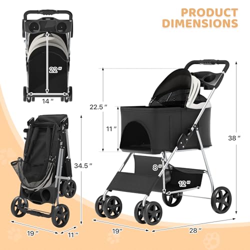 Magshion Foldable Pet Stroller, 3-in-1 Dog Travel Jogger with Detachable Carrier, Cup Holder, Storage Basket, Folding Carrier for Small/Medium Dogs & Cats Up to 33 lbs, Black - color: Black, style: Up to 33 lbs