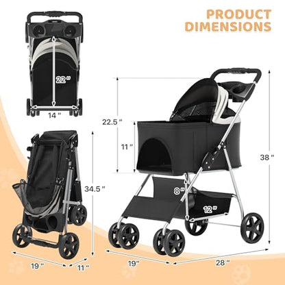 Magshion Foldable Pet Stroller, 3-in-1 Dog Travel Jogger with Detachable Carrier, Cup Holder, Storage Basket, Folding Carrier for Small/Medium Dogs & Cats Up to 33 lbs, Black - color: Black, style: Up to 33 lbs