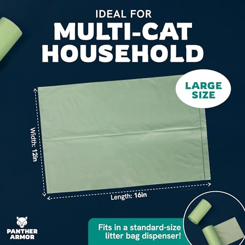 Panther Armor Cat Litter Bags, 100 Large Compostable Unscented Poop Bags -16x12in Super Large Kitty - Leak Proof Box Trash - Odor Proof Cat Disposal - size: 1 Count (Pack of 100), style: Large
