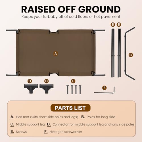 Heeyoo Elevated Dog Bed, Cooling Raised Pet Cot with Chew Proof Mesh Fabric and Steel Frame, Portable Dog Cot Bed with No-Slip Rubber Feet, 60 in - color: Brown, size: 60"L x 37"W x 8"H