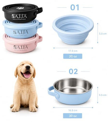 Blue Collapsible Travel Dog Bowl – BPA-Free Silicone & 18/8 Stainless Steel, Portable Non-Slip Food & Water Bowl with Handle, Bottle/Poop Bag Holder – Claim Your - color: Blue Bowl