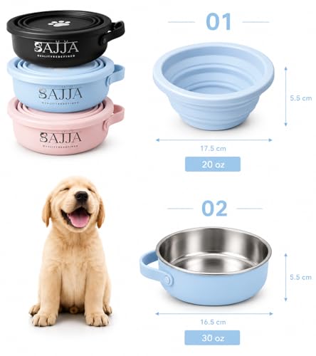 Blue Slow Feeder Travel Dog Bowl Set – 30oz Stainless Steel + 20oz Collapsible Silicone Dish + Silicone Slow Feeder Insert | Water Bottle Holder | Non-Slip, Anti-Choking, BPA-Free – Claim - color: Slow feeder Blue Bowl