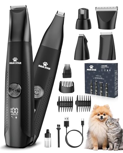 M&M STAR Dog Grooming Kit, 4-in-1 Dog Clippers for Grooming, Cordless Dog Hair Trimmer with Dog Paw Trimmer & Dog Nail Grinder, Low Noise Pet Clippers for Dogs Cats Face Ears Paws