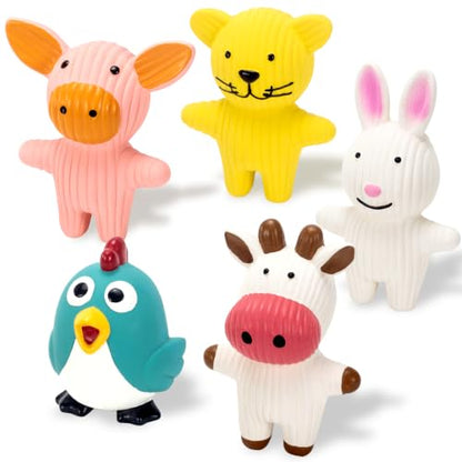 LECHONG Dog Squeaky Toys 5 Pack Latex Dog Toys for Small Dogs – Squeaky Squeeze Toys, Puppy Teething Chew Toys, Soft Rubber Pet Toys, 4.7” Cute Farm Animal Set (Cow, Rabbit, Cat, Pig, Rooster)