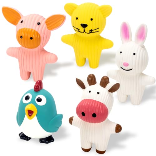 LECHONG Dog Squeaky Toys 5 Pack Latex Dog Toys for Small Dogs – Squeaky Squeeze Toys, Puppy Teething Chew Toys, Soft Rubber Pet Toys, 4.7” Cute Farm Animal Set (Cow, Rabbit, Cat, Pig, Rooster)