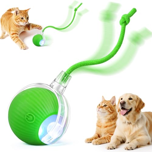 Smart Interactive Automatic Electric Rolling Moving Rechargeable Motion Activated Self Play Electronic Stimulation Chase Teaser Ball Toy with Rope for Indoor Bored Adult Cat and Dog, Green - color: Green