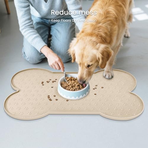 PWTAA Dog Food Mat Anti-Slip Silicone Dog Bowl Mat Thicker Pet Placemat Waterproof Cat Feeder Pad with Raised Edge Puppy Kitten Feeding Mats Suitable Small Medium-Sized Dogs Cats Eating Tray - color: Beige, size: 19.4" x 9.8"