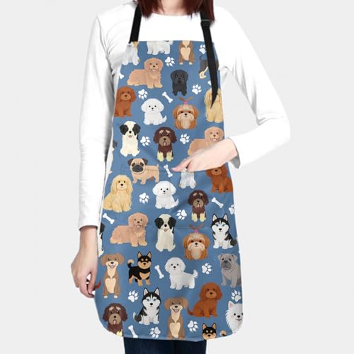 Sweetshow Cute Dog Apron with 2 Pockets and Adjustable Neck Waterproof Kitchen Cooking Dog Grooming Aprons for Women Men - color: Dog