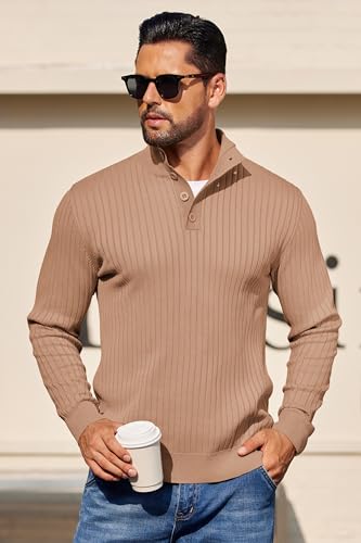 COOFANDY Mens Quarter Button Sweater Long Sleeve Stand Collar Sweaters Casual Knitted Ribbed Dress Pullover - color: Apricot, size: Large