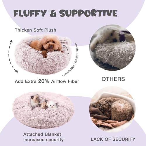 Himax Dog Beds for Small Dogs, Donut Dogs Beds with Blanket Attached, Calming Dog Bed Washable (20"/26"/35") Beige - color: Beige, size: 20.0"L x 20.0"W x 7.0"Th