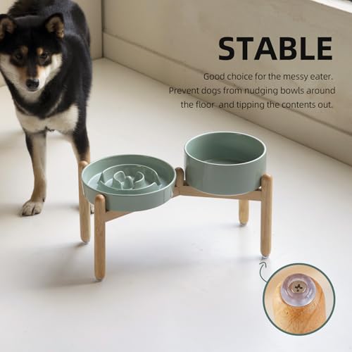Havniva 8.2” Raised Slow Feeder Dog Bowls Set, 1.6 Cups Ceramic Slow Feeder Dog Bowl and 7.3” Dog Water Bowl with Elevated Wooden Stand Puzzle Dog Food Bowl for Medium Dogs Anti-Gulping & Anti-Choking - color: 2 x Light Green+Stand-A, size: 8.2inch