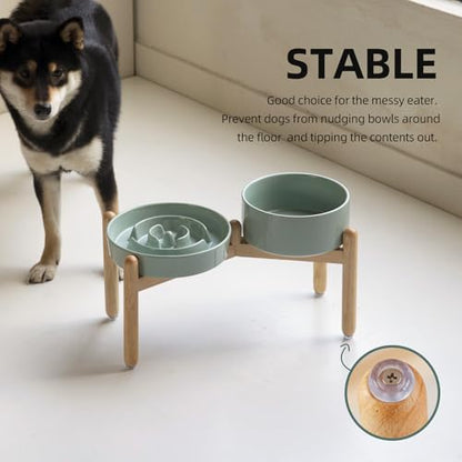 Havniva 8.2” Raised Slow Feeder Dog Bowls Set, 1.6 Cups Ceramic Slow Feeder Dog Bowl and 7.3” Dog Water Bowl with Elevated Wooden Stand Puzzle Dog Food Bowl for Medium Dogs Anti-Gulping & Anti-Choking - color: 2 x Light Green+Stand-A, size: 8.2inch
