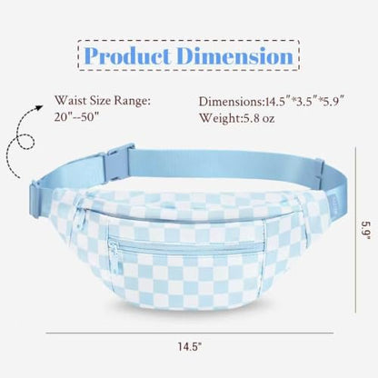 MAXTOP Large Crossbody Fanny Pack with 4-Zipper Pockets,Gifts for Enjoy Sports Festival Workout Traveling Running Casual Hands-Free Wallets Waist Pack Phone Bag Carrying All Phones - color: Checkered-Light Blue, style: Large Fanny Pack(4 Zipper Pockets)