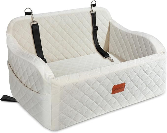 Lealchum Dog Car Seat for Medium/Large Dogs,2 Clip-On Safety Leashs for 2 Small Dogs,Removable and Washable Comfy Pet Car Seat,Easy to Install and Clean (Beige, Large) - color: Beige