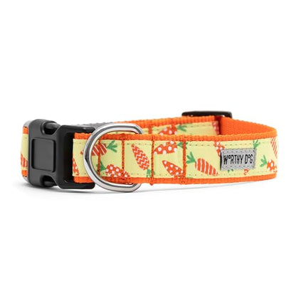 THE WORTHY DOG Spring Holiday Crazy Carrots Dog Collar – Durable Nylon, Woven Ribbon, Quick-Release Buckle, Nickel D-Ring – Green, Medium - color: Crazy Carrots - Green, size: Medium