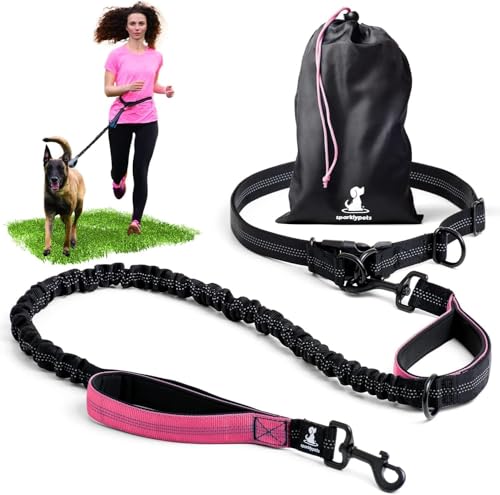 SparklyPets - Hands Free Dog Leash with Reflective Stitches - Waist Leash for Dog Walking, Hiking, Training, Jogging, Canicross, Running - for Medium & Large Breeds - color: Pink, size: 1 dog M/L